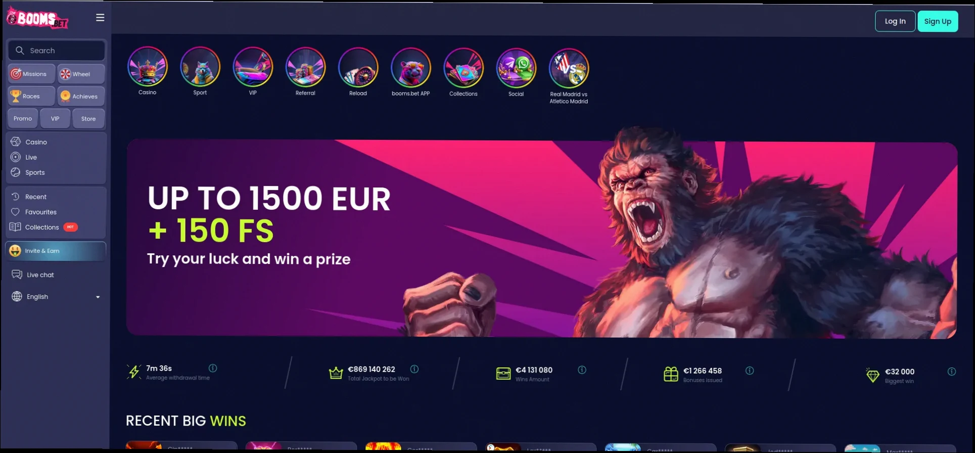 Boomsbet Casino 100% tot €500 + 150 Gratis Spins